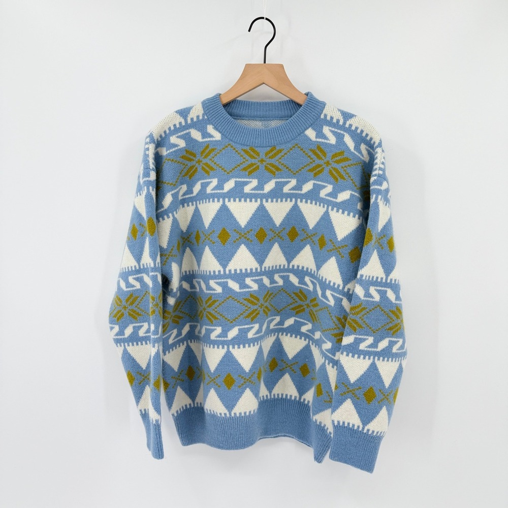 Vtg Style Fair Isle Chunky Double-Knit Crewneck Nordic Ski Sweater Geometric